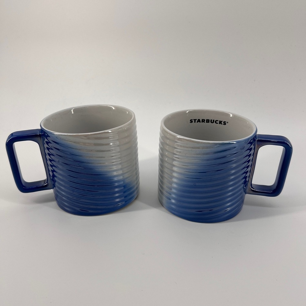 Starbucks Coffee Mugs Pair Set of 2 Blue Gray Ombre Ribbed Ceramic 12oz